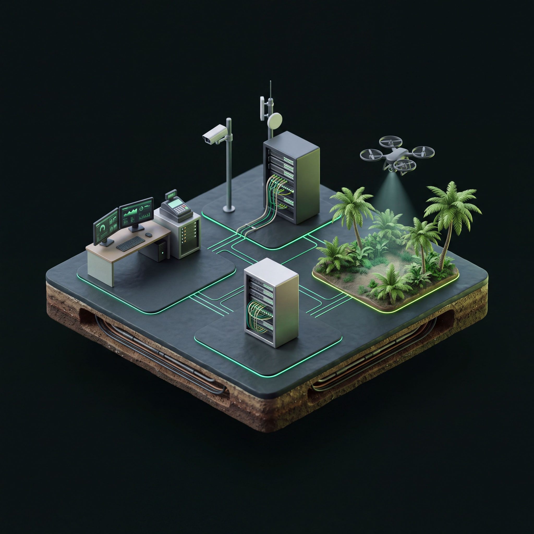 Diorama isométrico con una oficina con software de gestión, racks de red con cámara y antena, y un dron sobre vegetación tropical